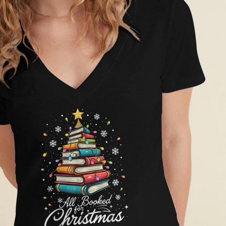 Christmas Book Tree Shirt Book Lover Librarian All Booked For Christmas Women's Christmas Book Lover Librarian Women's Jersey Short Sleeve Deep V-Neck Tshirt