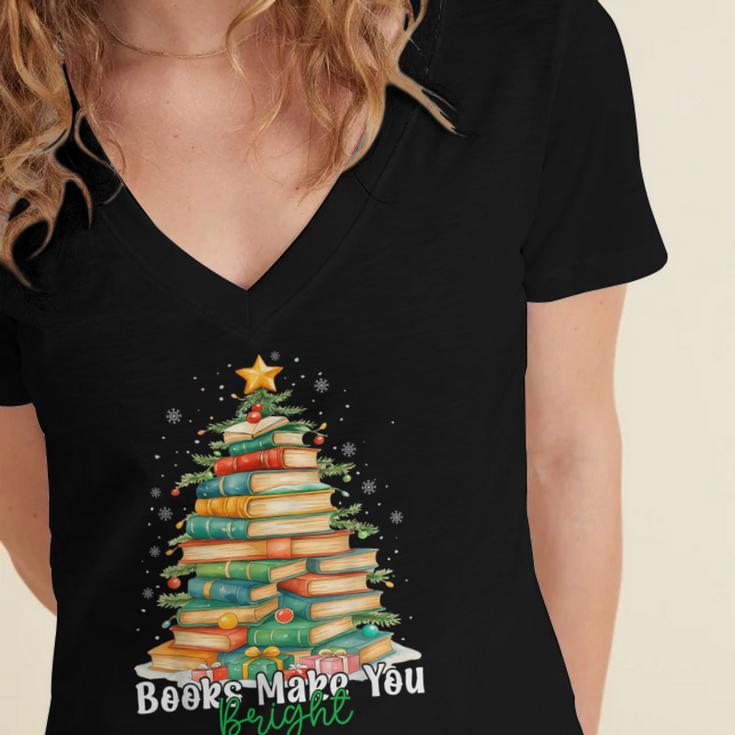 Christmas Books Make You Bright Librarian Teacher Book Lover Women's Jersey Short Sleeve Deep V-Neck Tshirt