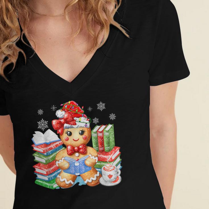 Christmas Gingerbread Man Reading Book Snowflake Teacher Women's Jersey Short Sleeve Deep V-Neck Tshirt