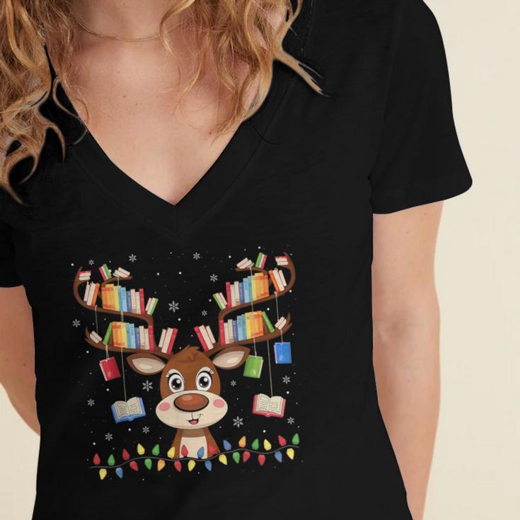 Christmas Librarian Reindeer Matching Family Book Lover Xmas Women's Jersey Short Sleeve Deep V-Neck Tshirt
