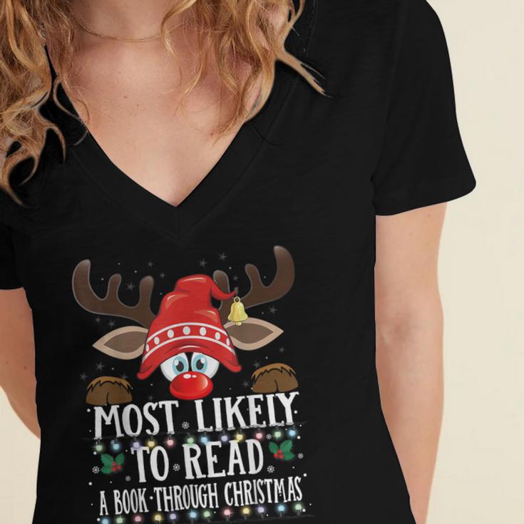 Christmas Matching Most Likely To Read A Book PJS Women's Jersey Short Sleeve Deep V-Neck Tshirt