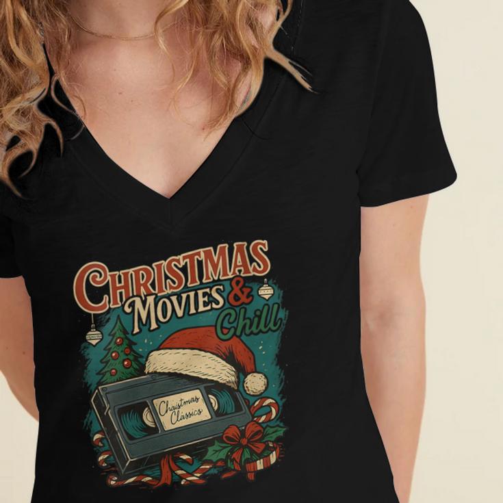 Christmas Movies Chill Retro VHS Holiday Nostalgia Women's Jersey Short Sleeve Deep V-Neck Tshirt Christmas Movies Chill Retro VHS Holiday Nostalgia Women's Jersey Short Sleeve Deep V-Neck Tshirt