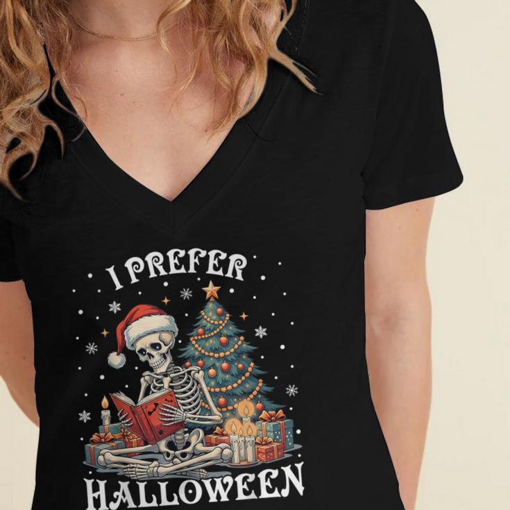 Christmas Outfit I Prefer Halloween Book Reading Skeleton Women's Jersey Short Sleeve Deep V-Neck Tshirt Christmas Outfit I Prefer Halloween Book Reading Skeleton Women's Jersey Short Sleeve Deep V-Neck Tshirt