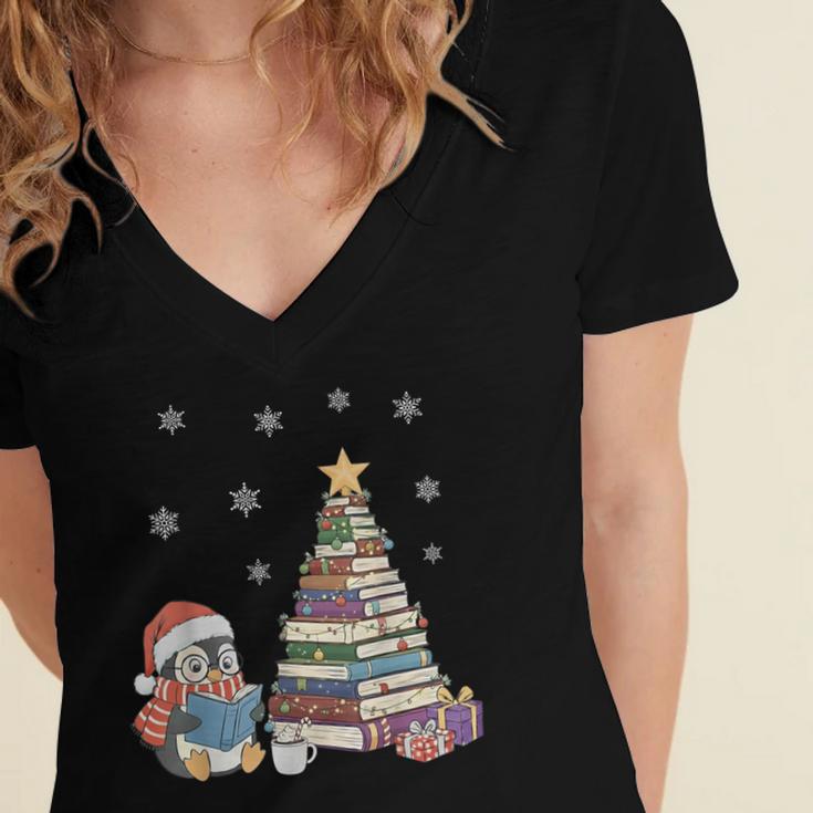 Christmas A Penguin Reading Book Snowflake Cocoa Hot Teacher Women's Jersey Short Sleeve Deep V-Neck Tshirt