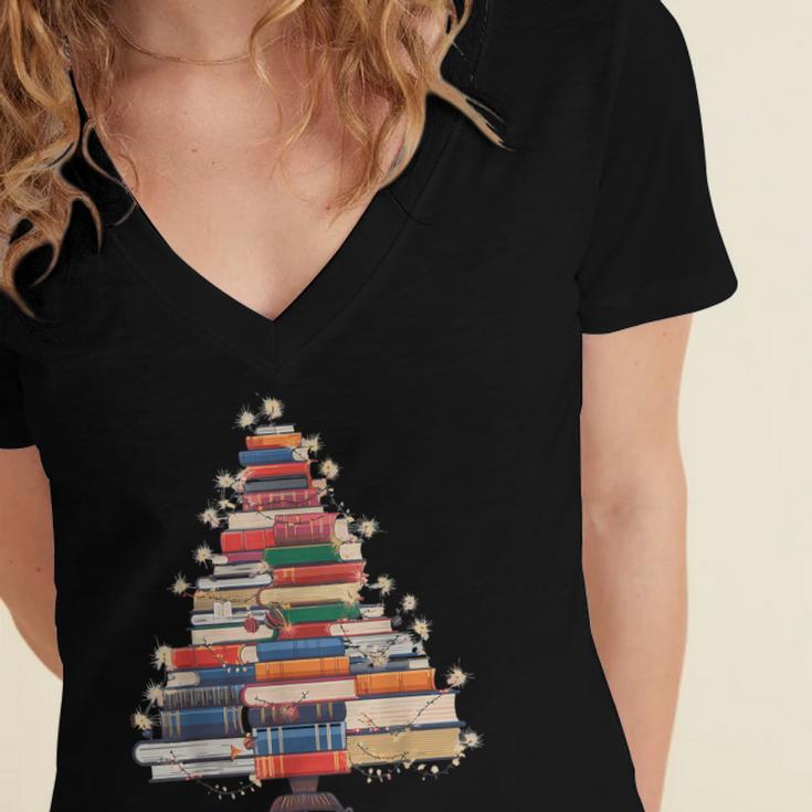 Christmas Tree Book Bookworm Women's Jersey Short Sleeve Deep V-Neck Tshirt