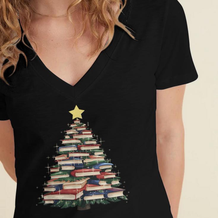 Christmas Tree Books Book Reading Bookworm Women's Jersey Short Sleeve Deep V-Neck Tshirt