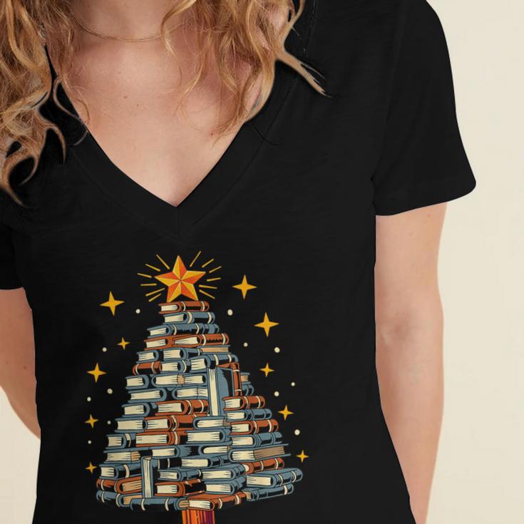 Christmas Tree Books Women's Jersey Short Sleeve Deep V-Neck Tshirt