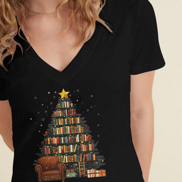 Christmas Tree Bookshelf Book Lover Library Women's Jersey Short Sleeve Deep V-Neck Tshirt