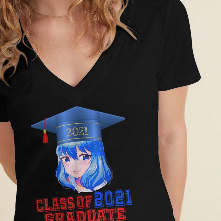 Class Of 2021 Graduate Kawaii Anime Girl School Graduation Women's Jersey Short Sleeve Deep V-Neck Tshirt