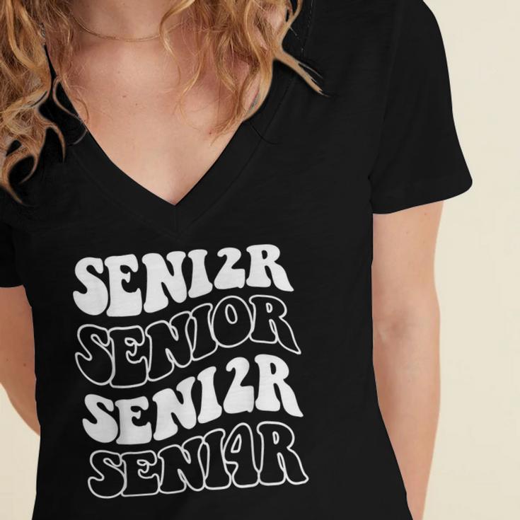 Class Of 2024 High School Senior Graduation Groovy Wave Women's Jersey Short Sleeve Deep V-Neck Tshirt