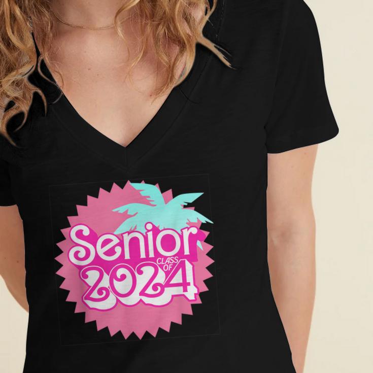 Class Of 2024 Senior Pink Retro Classic Girl Grad Graduation Women's Jersey Short Sleeve Deep V-Neck Tshirt