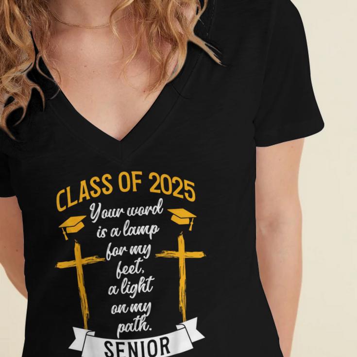 Class Of 2025 Senior Graduation Cross Quote Faith In God Women's Jersey Short Sleeve Deep V-Neck Tshirt