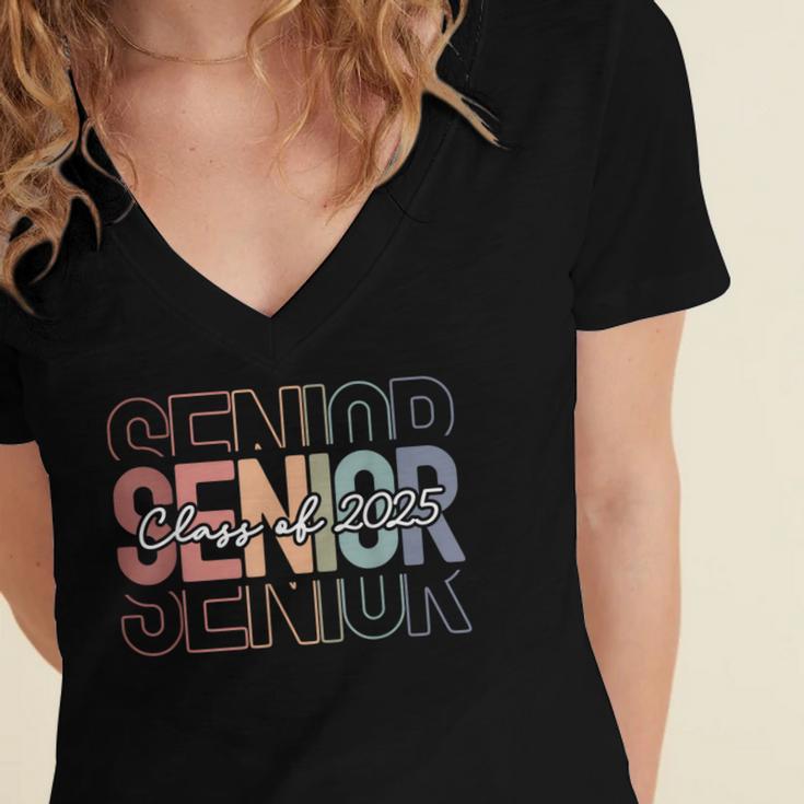 Class Of 2025 Senior 2025 Graduation Leopard Retro Rainbow Women's Jersey Short Sleeve Deep V-Neck Tshirt