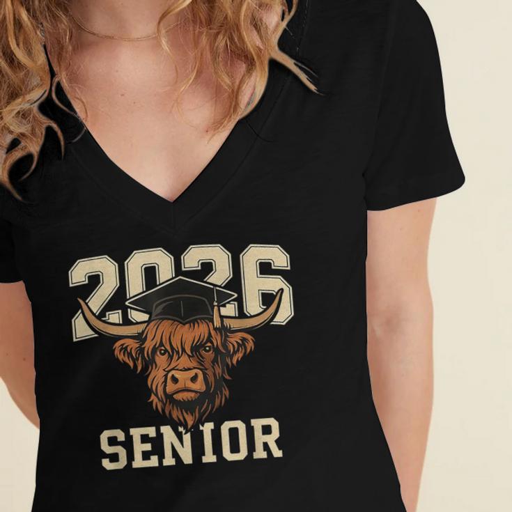 Class Of 2026 Highland Cow Senior Graduation School Pride Women's Jersey Short Sleeve Deep V-Neck Tshirt