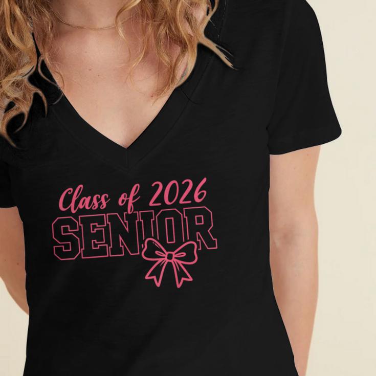 Class Of 2026 Pink Coquette Bow Cap Senior 2026 Graduation Women's Jersey Short Sleeve Deep V-Neck Tshirt