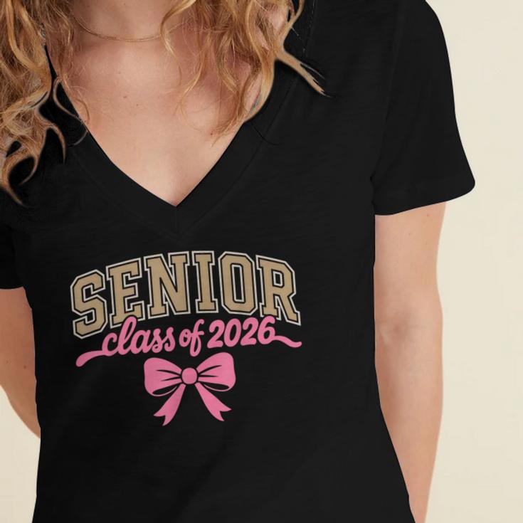 Class Of 2026 Pink Coquette Bow Senior Graduation Women's Jersey Short Sleeve Deep V-Neck Tshirt