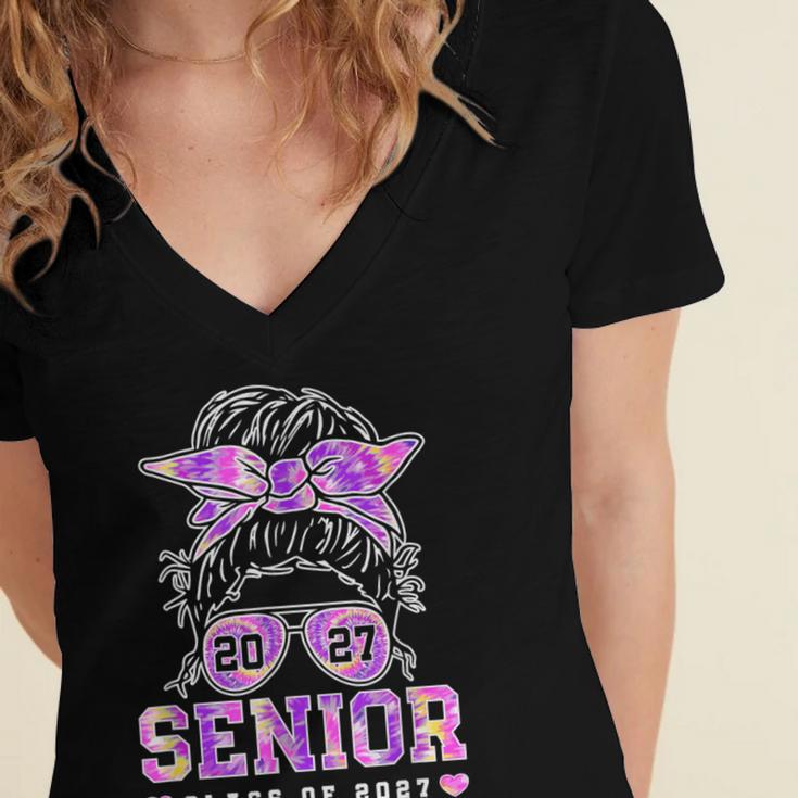 Class Of 2027 Senior Coquette Bow Messy Hair 26 Graduation Women's Jersey Short Sleeve Deep V-Neck Tshirt
