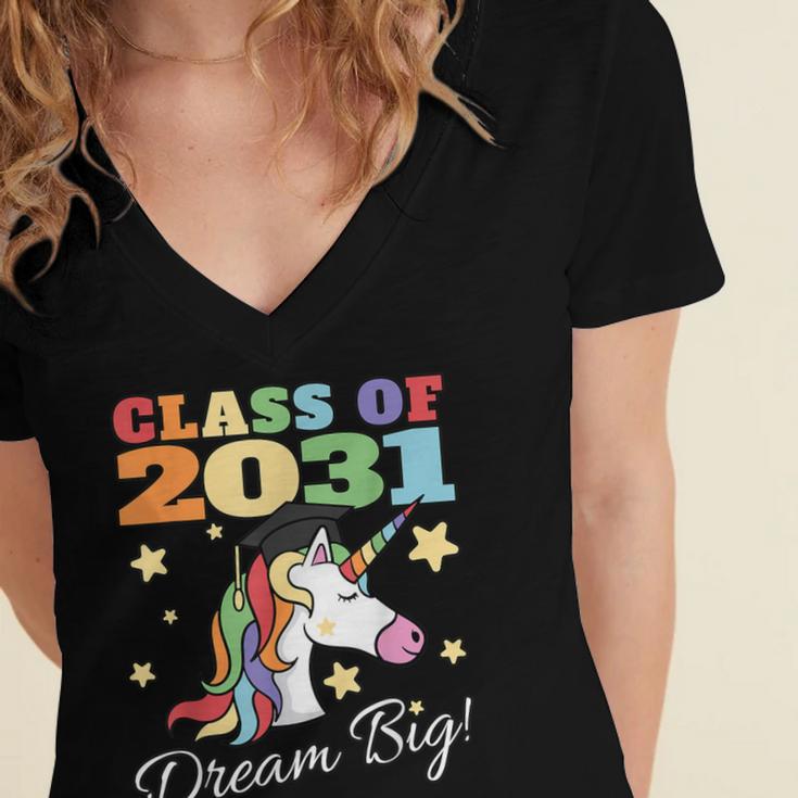 Class Of 2031 Magical Unicorn Graduation Cap Women's Jersey Short Sleeve Deep V-Neck Tshirt