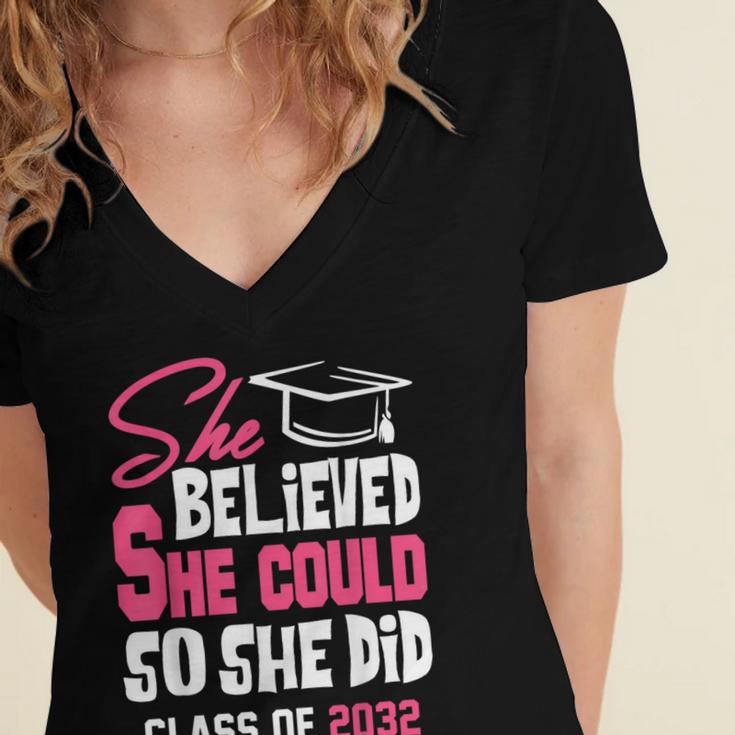 Class Of 2032 She Believed She Could Kids Graduation T-Shirt Women's Jersey Short Sleeve Deep V-Neck Tshirt