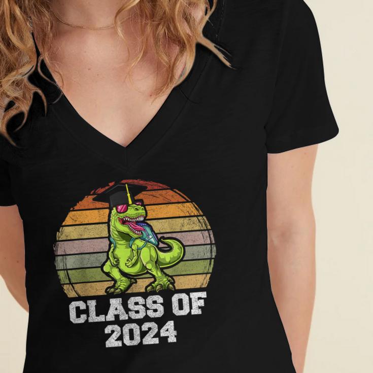 Class Of Dinosaur Apparel 2024 Graduation Graduate Dino Boy Women's Jersey Short Sleeve Deep V-Neck Tshirt