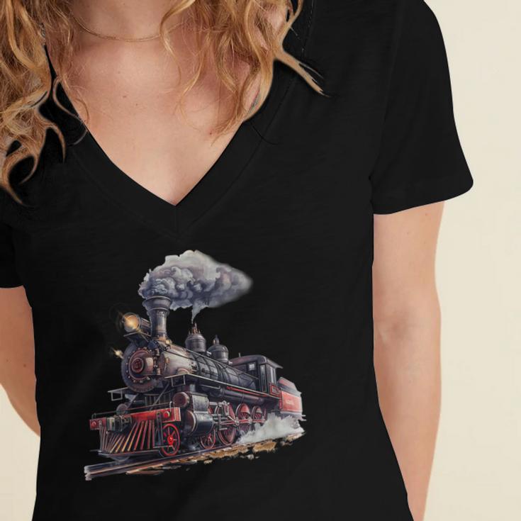 Classic Steam Train Enthusiasts Nostalgia For Train Lovers Women's Jersey Short Sleeve Deep V-Neck Tshirt Classic Steam Train Enthusiasts Nostalgia For Train Lovers Women's Jersey Short Sleeve Deep V-Neck Tshirt