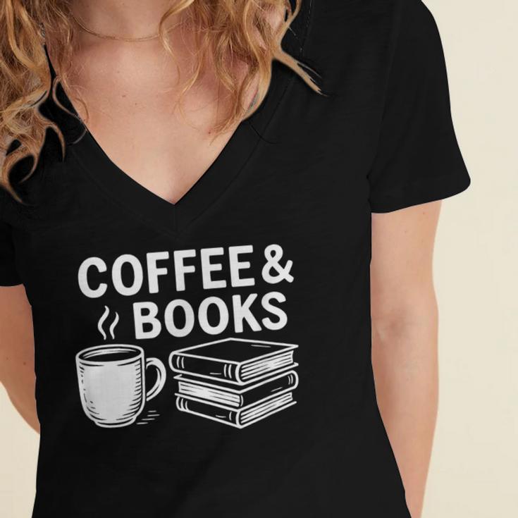 Coffee & Books Women's Jersey Short Sleeve Deep V-Neck Tshirt