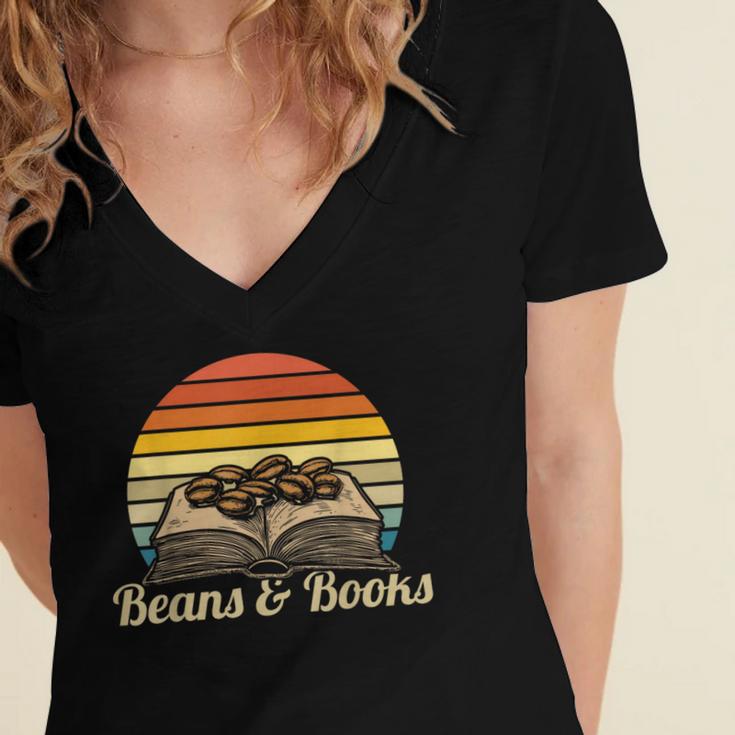 Coffee Beans & Books Retro Bookworm Librarian Women's Jersey Short Sleeve Deep V-Neck Tshirt