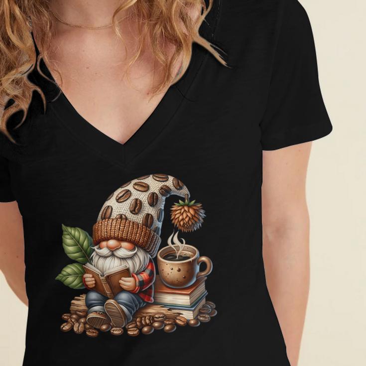 Coffee And Book Reading Accessories For Book Lovers Gnome Women's Jersey Short Sleeve Deep V-Neck Tshirt Coffee And Book Reading Accessories For Book Lovers Gnome Women's Jersey Short Sleeve Deep V-Neck Tshirt