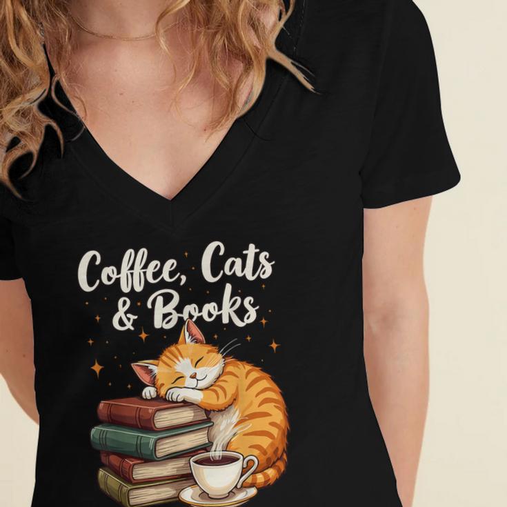 Coffee Cats & Books Lover For Women & Girls Coffee Women's Jersey Short Sleeve Deep V-Neck Tshirt