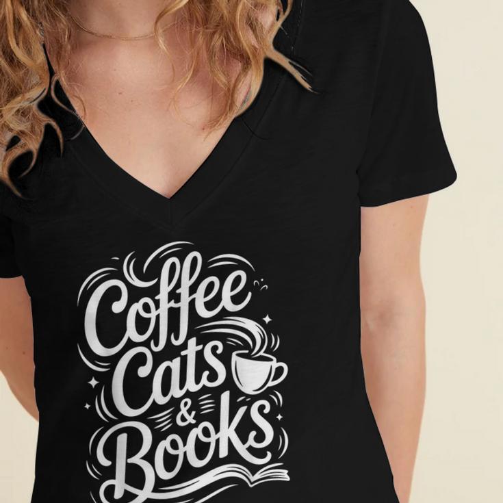 Coffee Cats & Books Reading Book Lover Reader Women's Jersey Short Sleeve Deep V-Neck Tshirt