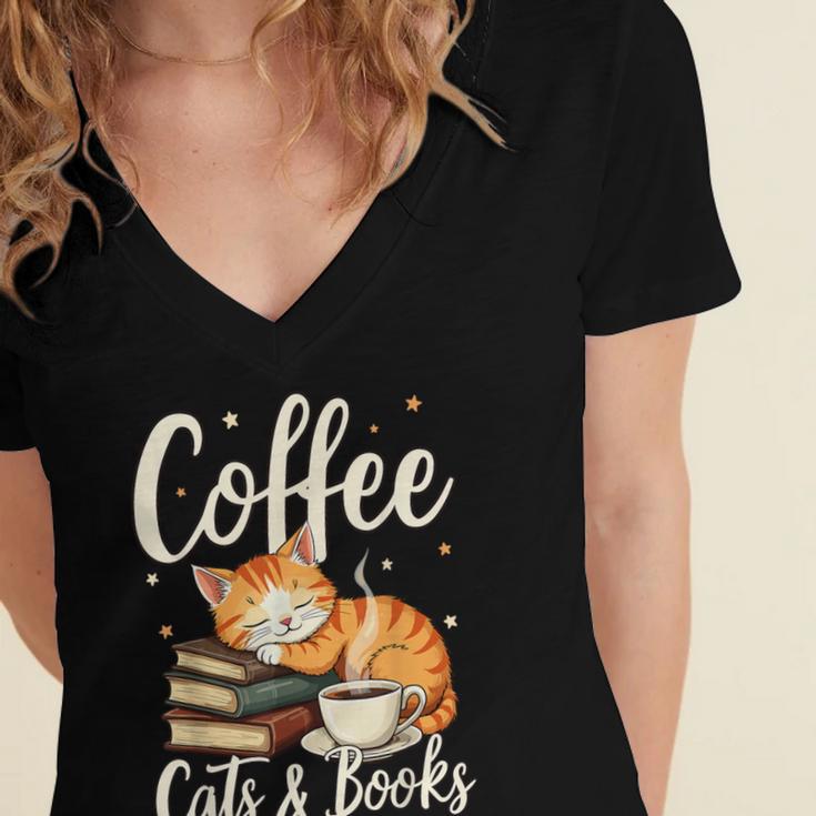 Coffee Cats And Books Lover For Women & Men Coffee Women's Jersey Short Sleeve Deep V-Neck Tshirt