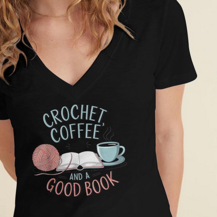 Coffee Crochet Good Book Bookish Yarn Crafter Women's Jersey Short Sleeve Deep V-Neck Tshirt Coffee Crochet Good Book Bookish Yarn Crafter Women's Jersey Short Sleeve Deep V-Neck Tshirt