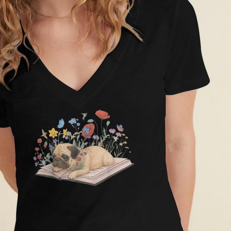 Color Floral Cute Pug Dog On Book Reading Bookworm Reader Women's Jersey Short Sleeve Deep V-Neck Tshirt Color Floral Cute Pug Dog On Book Reading Bookworm Reader Women's Jersey Short Sleeve Deep V-Neck Tshirt