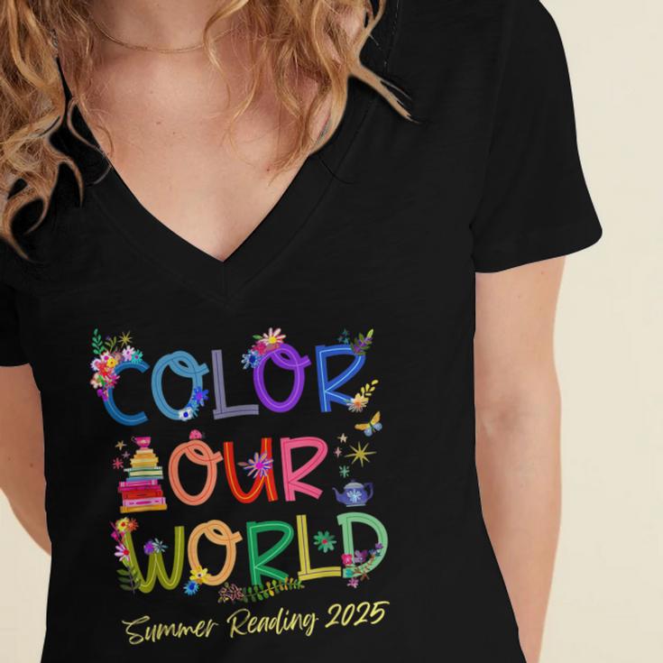 Color Our World Summer Reading 2025 Boho Wildflower Book Women's Jersey Short Sleeve Deep V-Neck Tshirt