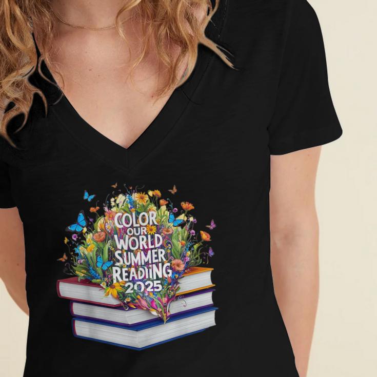 Color Our World Summer Reading 2025 Cute Book Wildflowers Women's Jersey Short Sleeve Deep V-Neck Tshirt