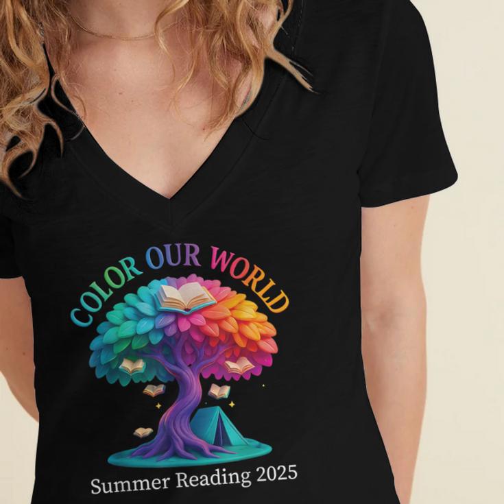 Color Our World Summer Reading 2025 Tree Book Lover Camping Women's Jersey Short Sleeve Deep V-Neck Tshirt