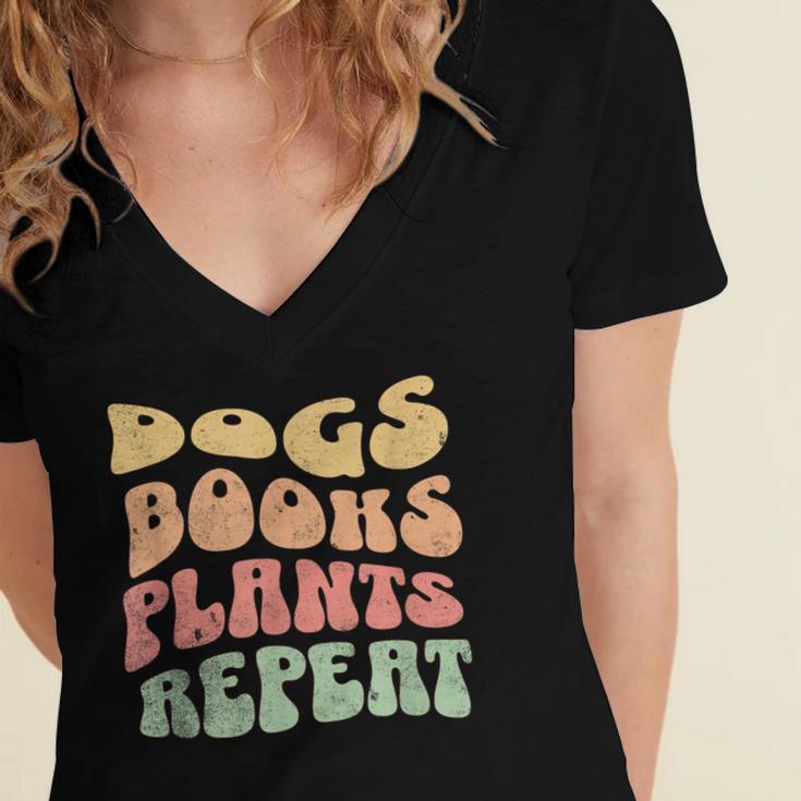 Colorful Dogs Books Plants Repeat Women's Jersey Short Sleeve Deep V-Neck Tshirt