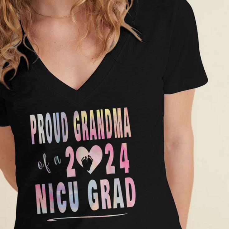 Colorful Proud Grandma 2024 NICU Graduate Baby Graduation Women's Jersey Short Sleeve Deep V-Neck Tshirt