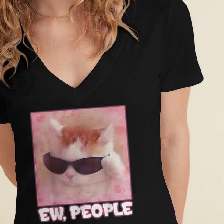 Cool Cat Meme Ew People Anti Social Introvert Cute Cat Women's Jersey Short Sleeve Deep V-Neck Tshirt