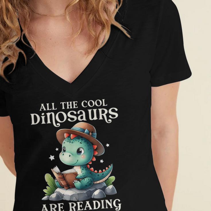 All The Cool Dinosaurs Are Reading Book Reader T-Rex Kawaii Women's Jersey Short Sleeve Deep V-Neck Tshirt All The Cool Dinosaurs Are Reading Book Reader T-Rex Kawaii Women's Jersey Short Sleeve Deep V-Neck Tshirt
