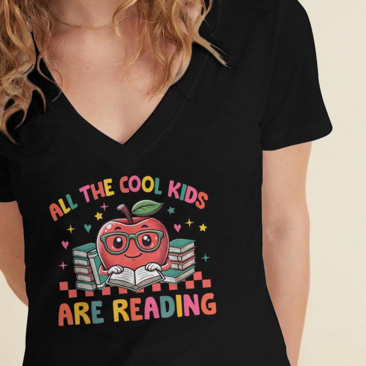 All The-Cool Kids Are Reading Book Lover Librarian Bookworm Women's Jersey Short Sleeve Deep V-Neck Tshirt
