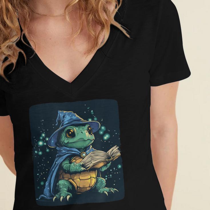 Cool Magical Book With Wizard Turtle For Adults And Kids Women's Jersey Short Sleeve Deep V-Neck Tshirt Cool Magical Book With Wizard Turtle For Adults And Kids Women's Jersey Short Sleeve Deep V-Neck Tshirt