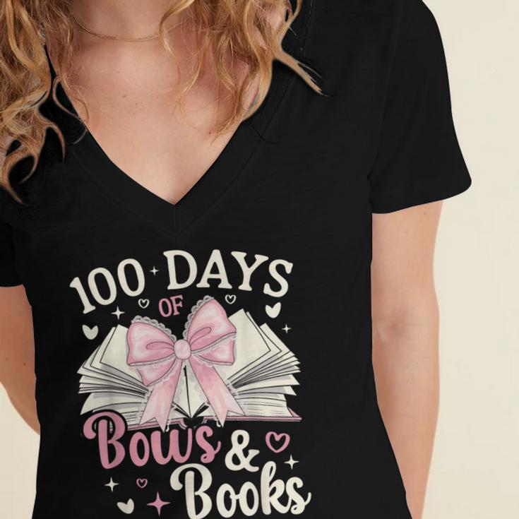 Coquette 100 Days Of Bows Books Reading 100th Day Of School Women's Jersey Short Sleeve Deep V-Neck Tshirt Coquette 100 Days Of Bows Books Reading 100th Day Of School Women's Jersey Short Sleeve Deep V-Neck Tshirt