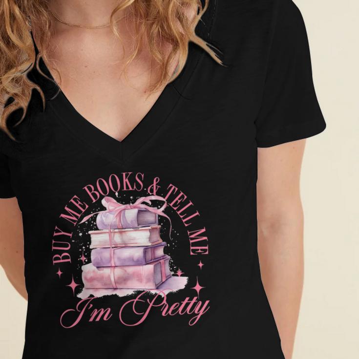 Coquette Aesthetic Bow Buy Me Books & Tell Me I'm Pretty Women's Jersey Short Sleeve Deep V-Neck Tshirt