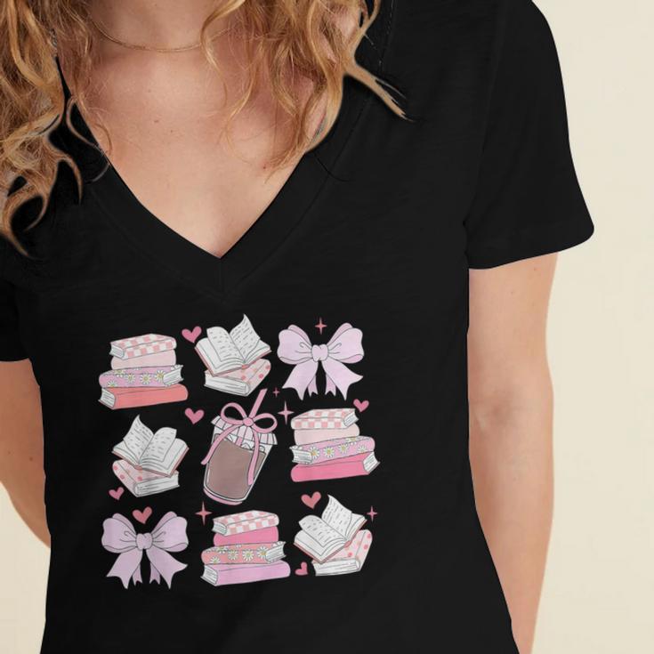 Coquette Bow Book Coffee Valentines Bookish Library Teacher Women's Jersey Short Sleeve Deep V-Neck Tshirt