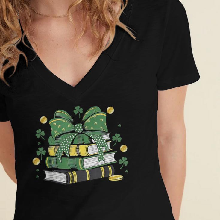 Coquette Bow Books St Patrick's Shamrock Bookworm Librarian Women's Jersey Short Sleeve Deep V-Neck Tshirt