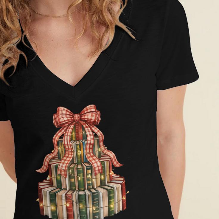 Coquette Christmas Book Tree Xmas Lights Librarian Teacher Women's Jersey Short Sleeve Deep V-Neck Tshirt Coquette Christmas Book Tree Xmas Lights Librarian Teacher Women's Jersey Short Sleeve Deep V-Neck Tshirt