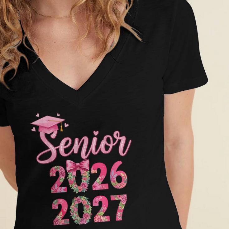 Coquette Pink Bow Flowers Senior 2026 2027 Graduation Women's Jersey Short Sleeve Deep V-Neck Tshirt
