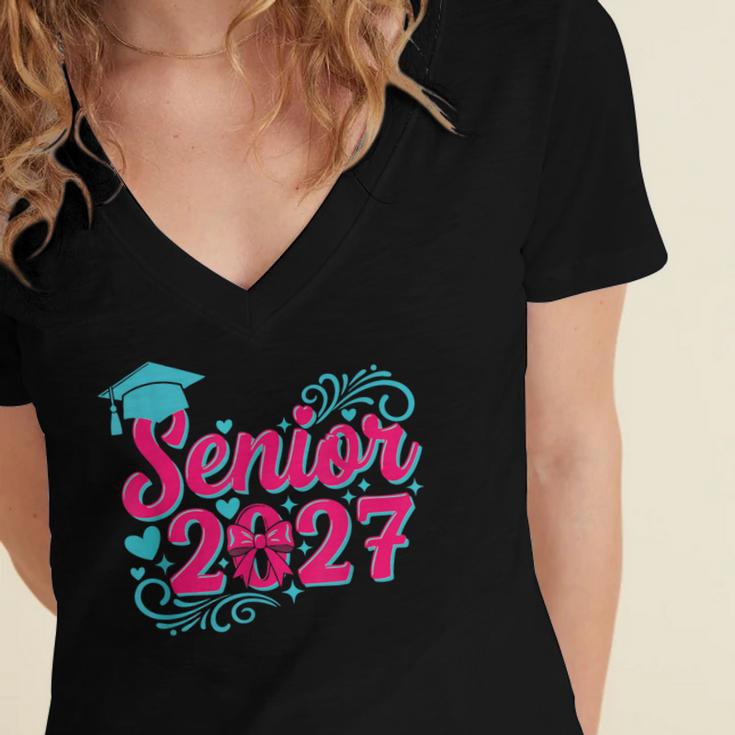 Coquette Pink Bow Senior 2027 Class Of Graduation Women's Jersey Short Sleeve Deep V-Neck Tshirt