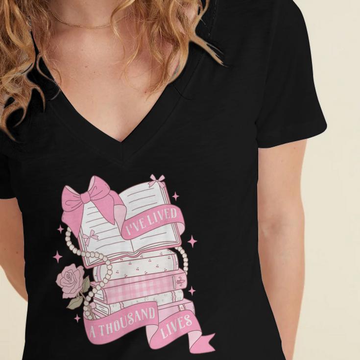 Coquette Reading Book Lover Pink Bow Bookish Mom & Daughter Women's Jersey Short Sleeve Deep V-Neck Tshirt